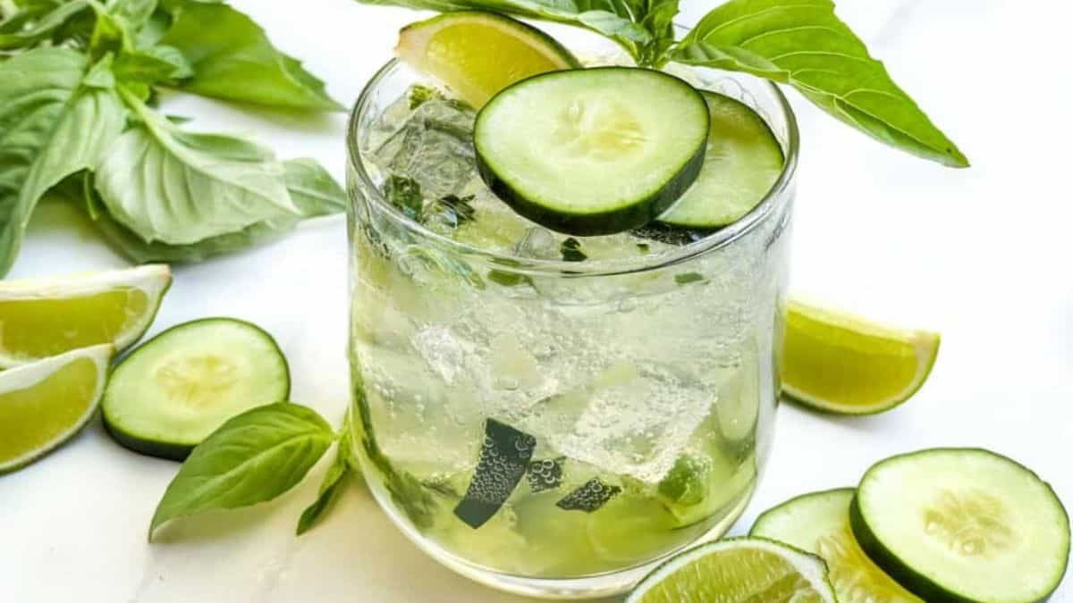 A glass of iced cucumber splash mocktail