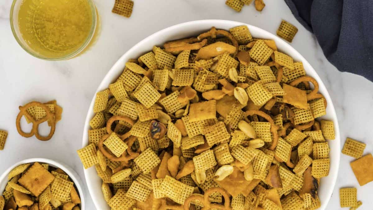 A bowl of homemade cheesy Chex mix.