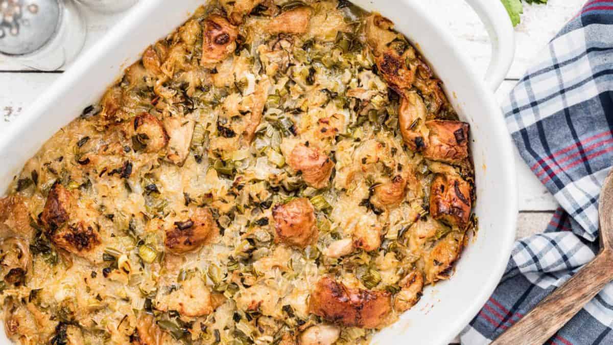 Emerils baked oyster dressing in a casserole