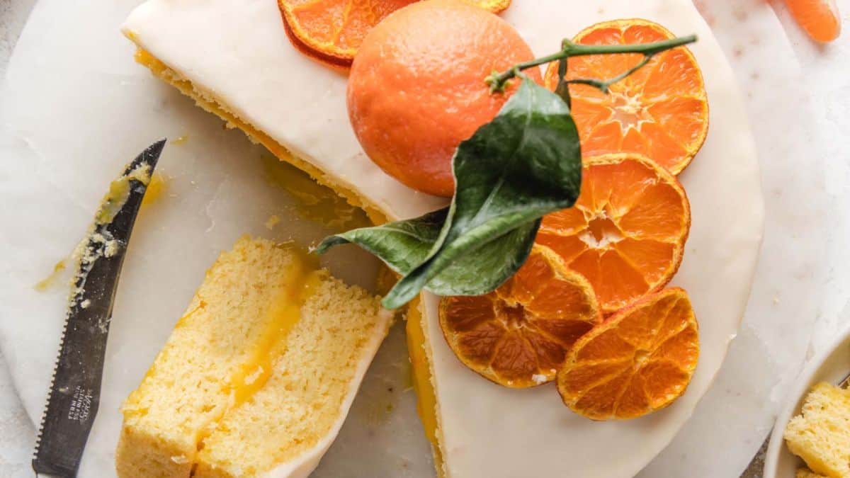 A slice of fresh mandarin orange cake,