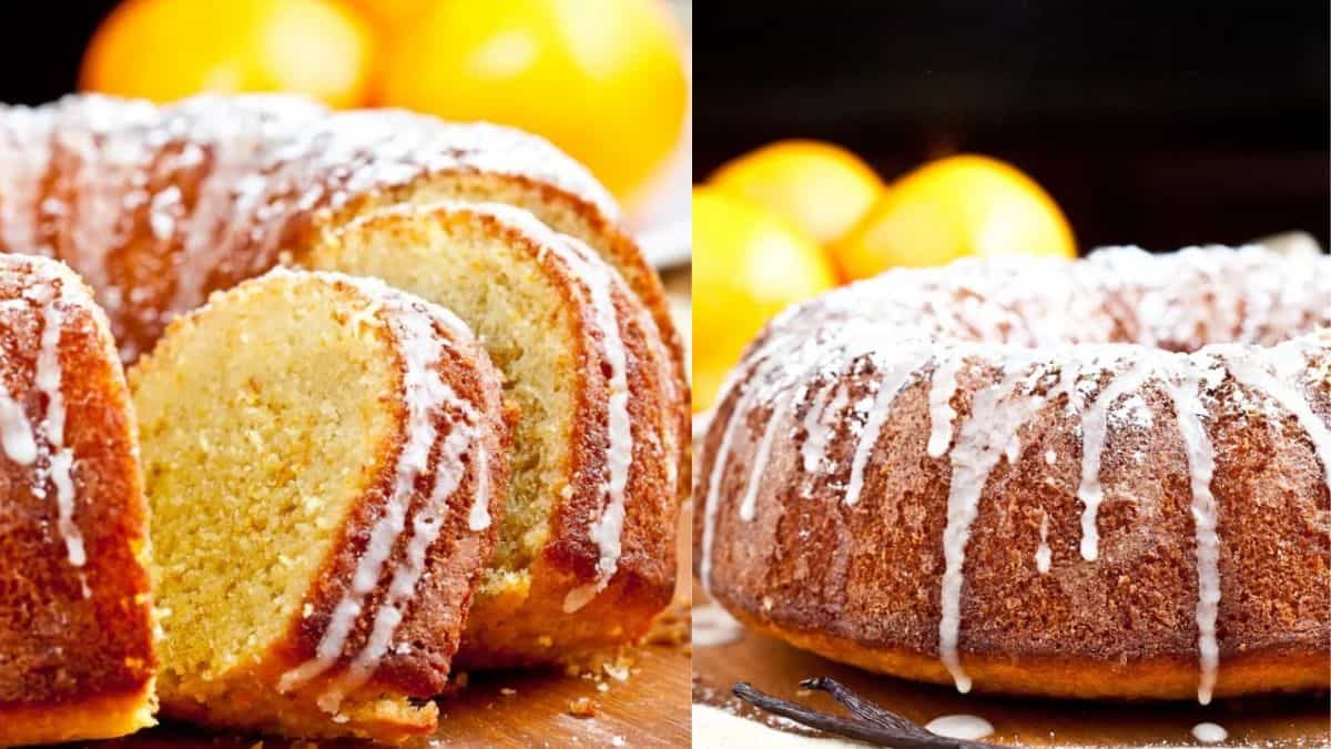 A close-up picture of an orange Bundt cake.
