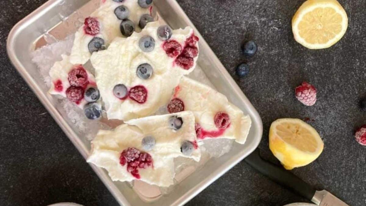 Frozen yogurt bark with raspberries and blueberries