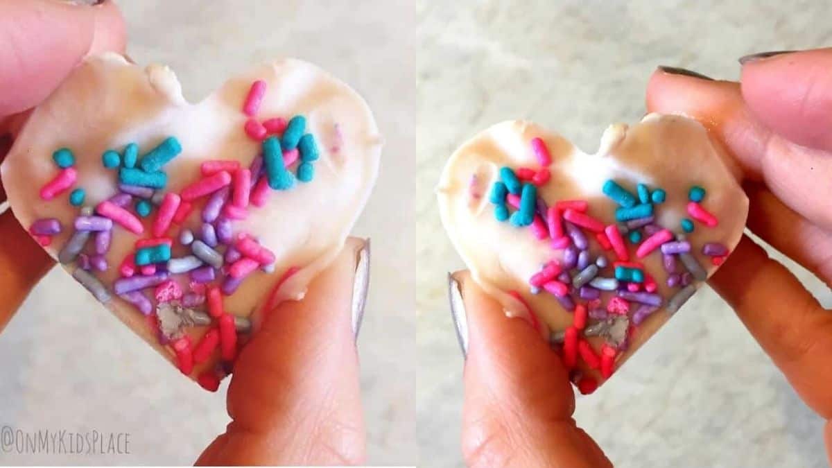 Frozen yogurt heart bites snack with sprinkles.