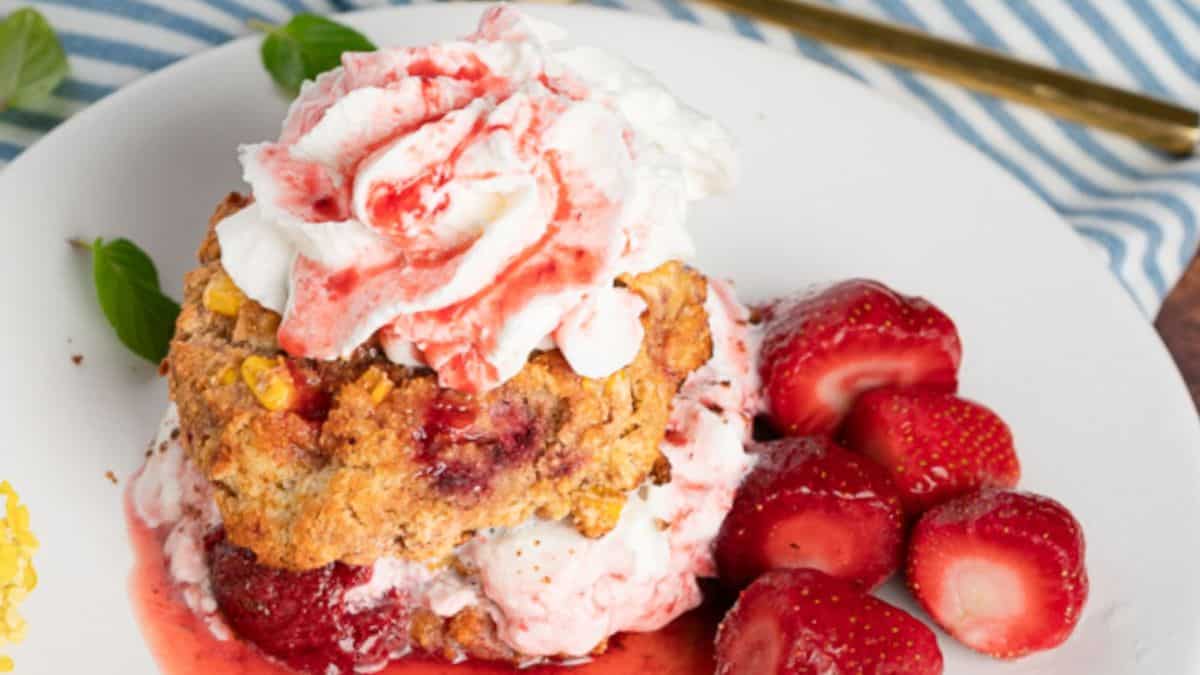 Strawberry shortcake made of sweet corn biscuits.