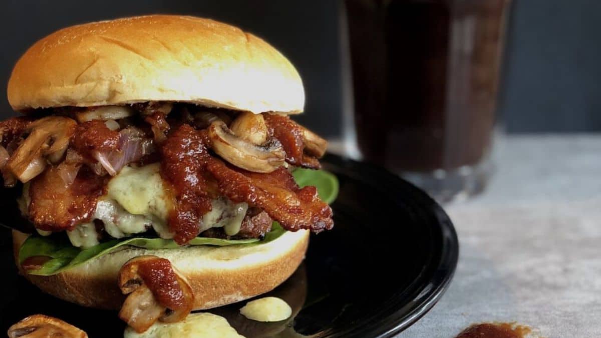 A Guinness bacon burgers with mushrooms and Irish cheddar.