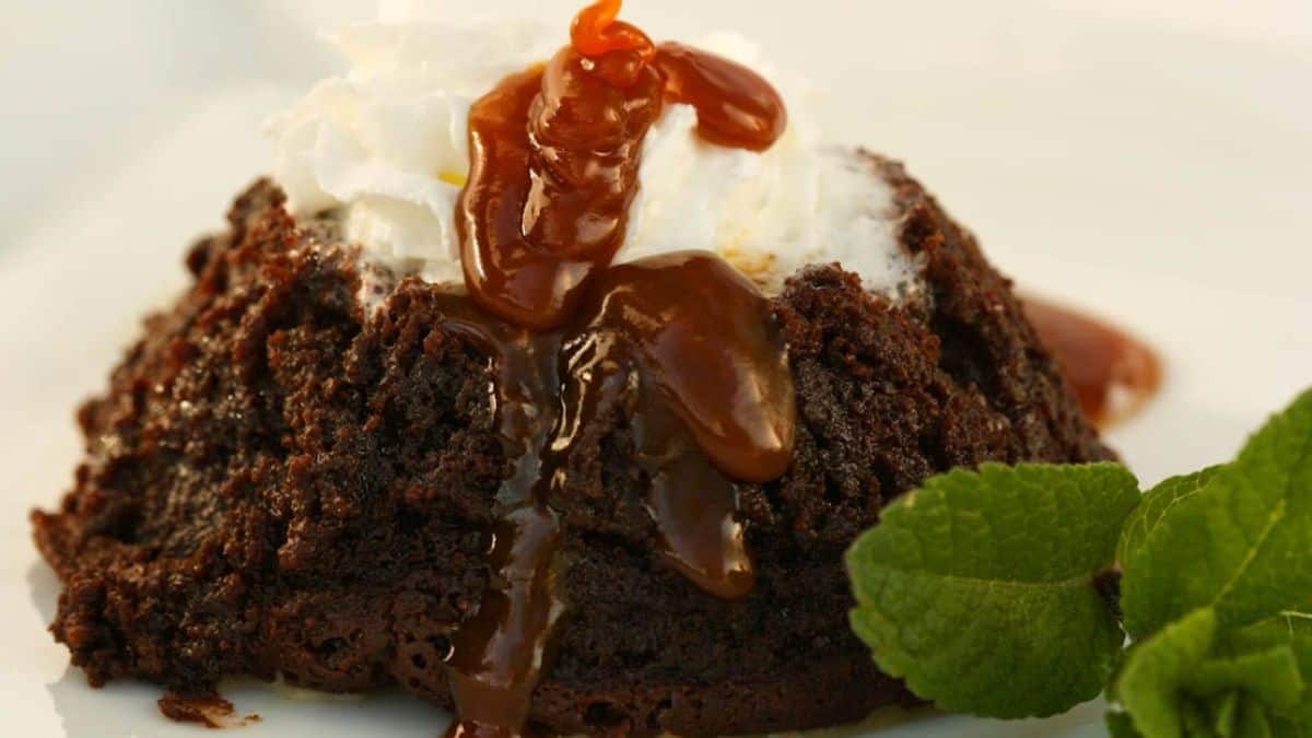 Guinness stout or chocolate pudding cake with caramel syrup on top.
