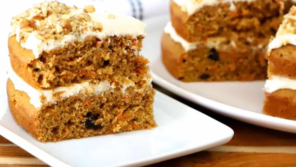 A slice of carrot cake on a plate