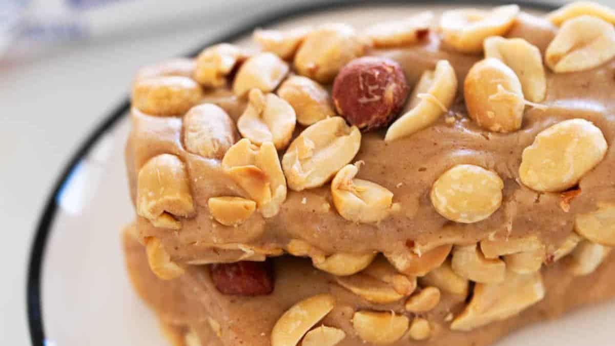 Homemade PayDay candy bars in a plate.