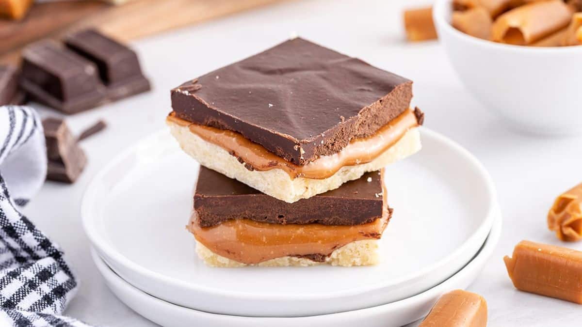 Indulgent stack of homemade Twix bars.