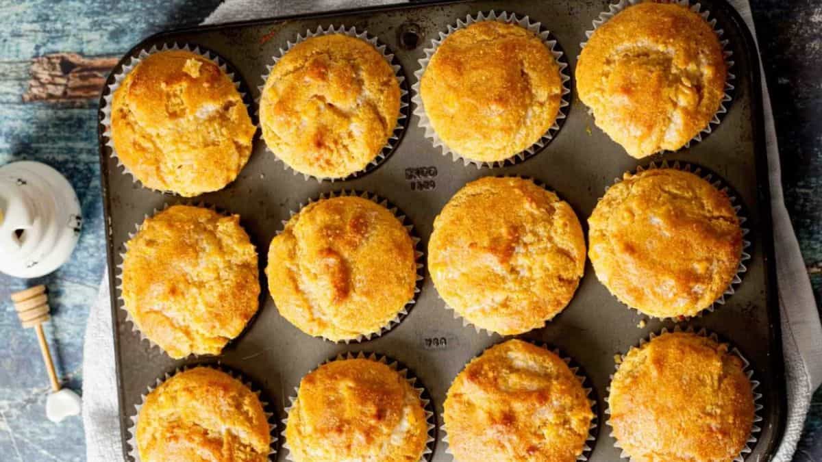 Freshly baked honey cornbread muffin.