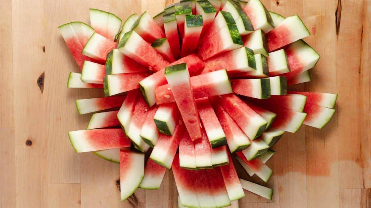 A watermelon sliced into 'sticks'.
