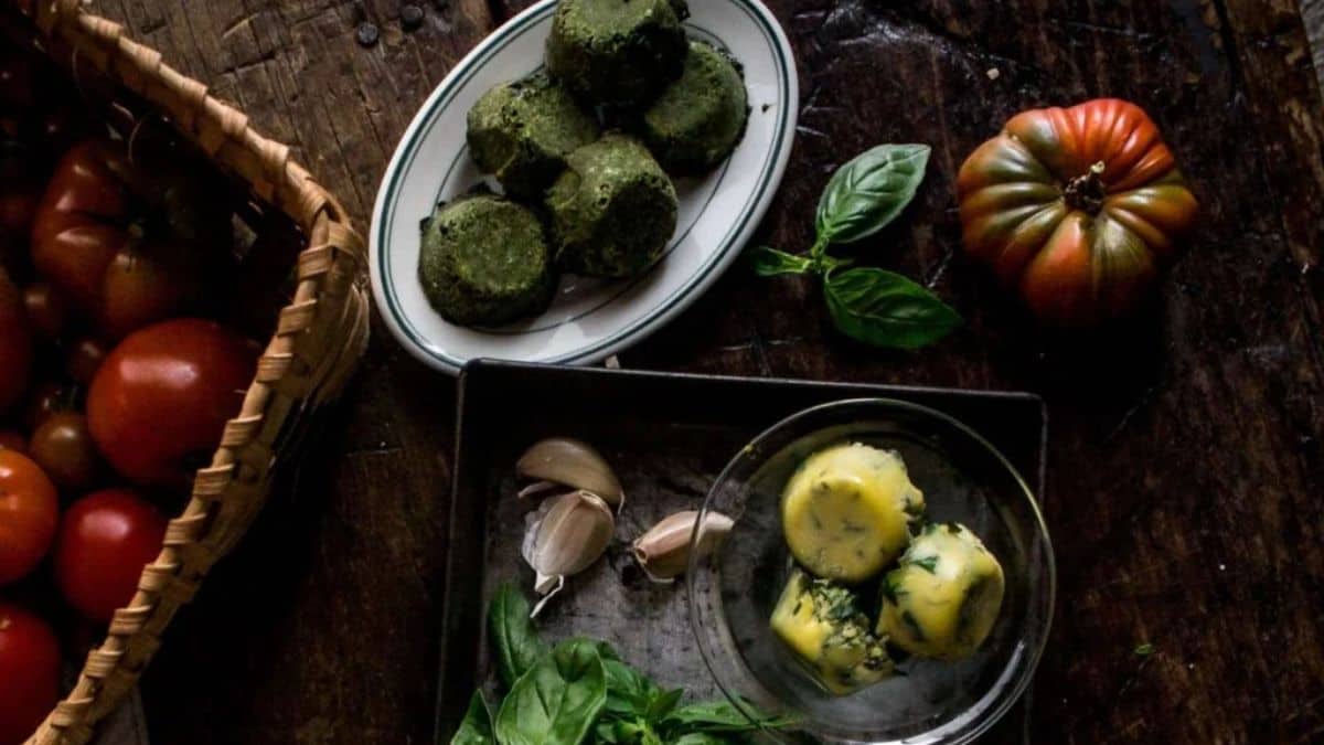 A few pieces of frozen basil in olive oil.
