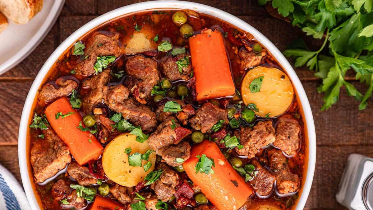 A bowl of freshly cooked Irish stew or lamb stew.