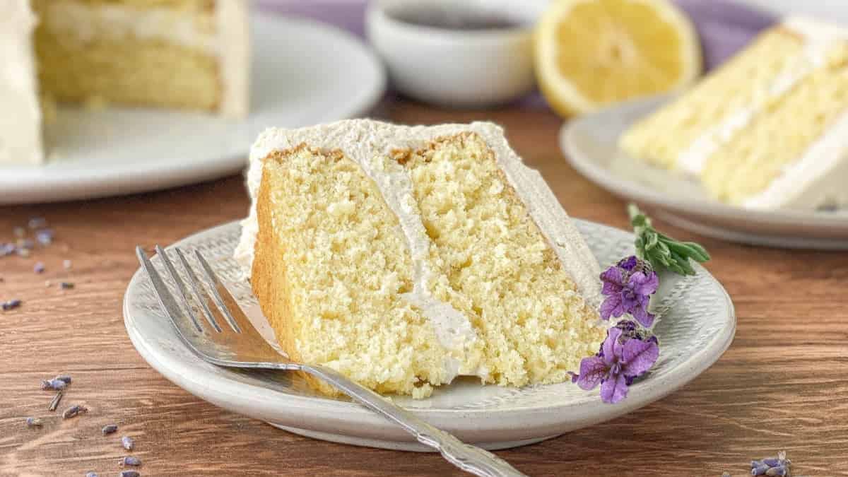 A slice of lemon lavender cake. 