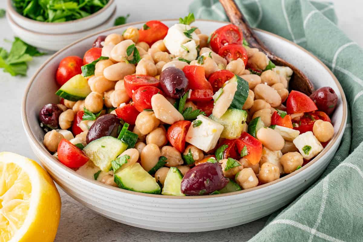 A serving bowl of Greek salad. 