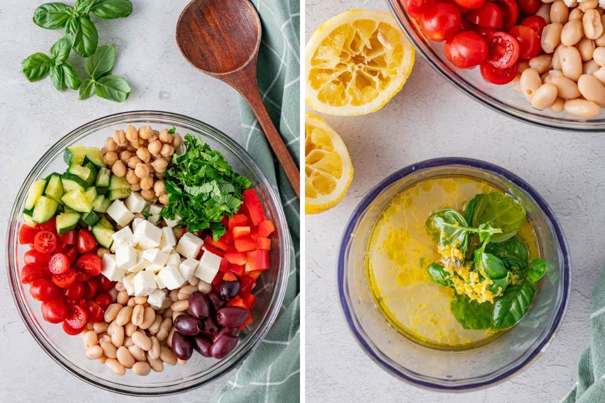 Collage Photo: Left: Clear bowl filled with ingredients of salad: chickpeas, cucumber, tomatoes, beans, feta, red peppers. Right: A mixture of dressing in a clear bowl. 