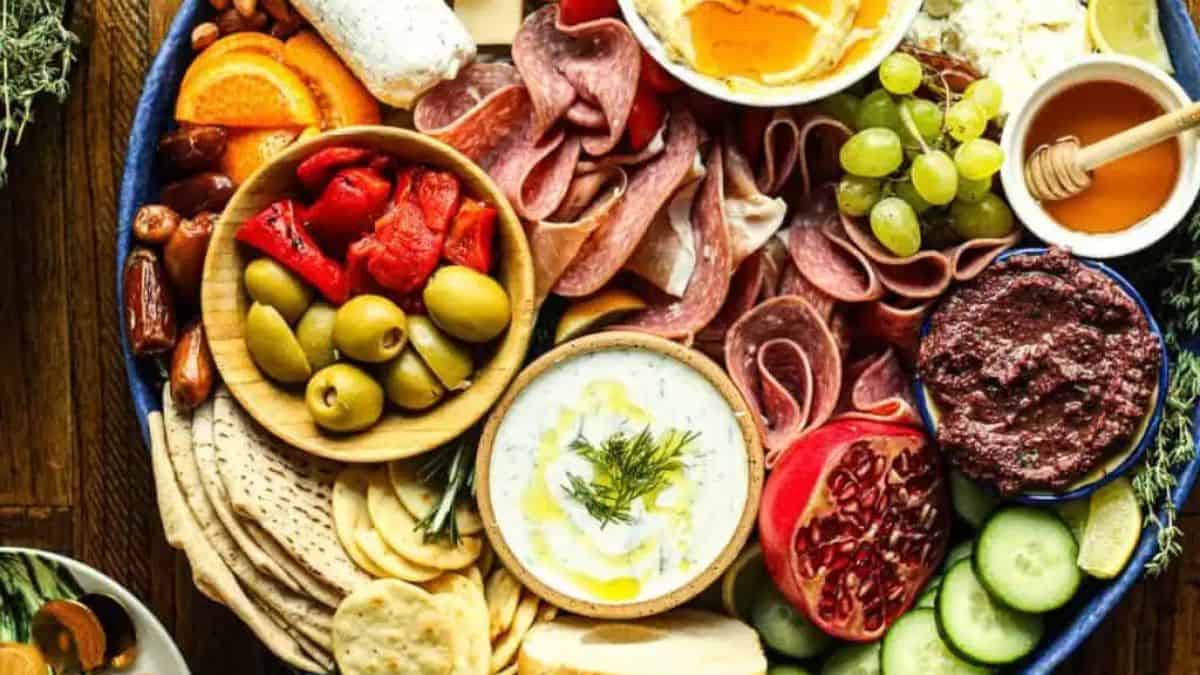 Gorgeously arranged Mediterranean charcuterie board.
