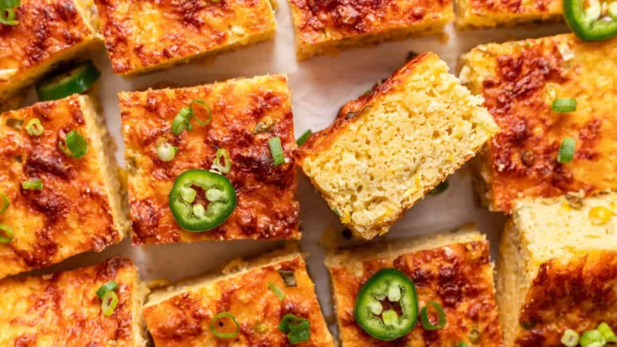 Mexican cornbread sliced in squares.