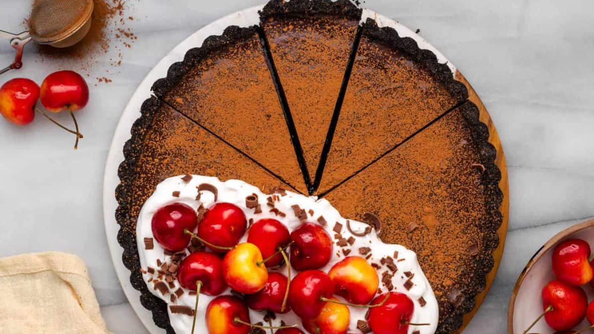 A whole chocolate ganache tart.