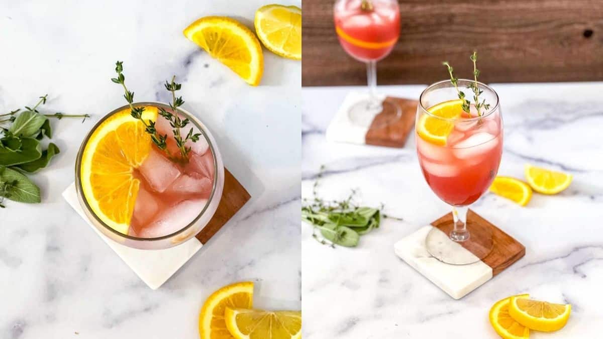 A glass of non-alcoholic Italian Aperol spritz