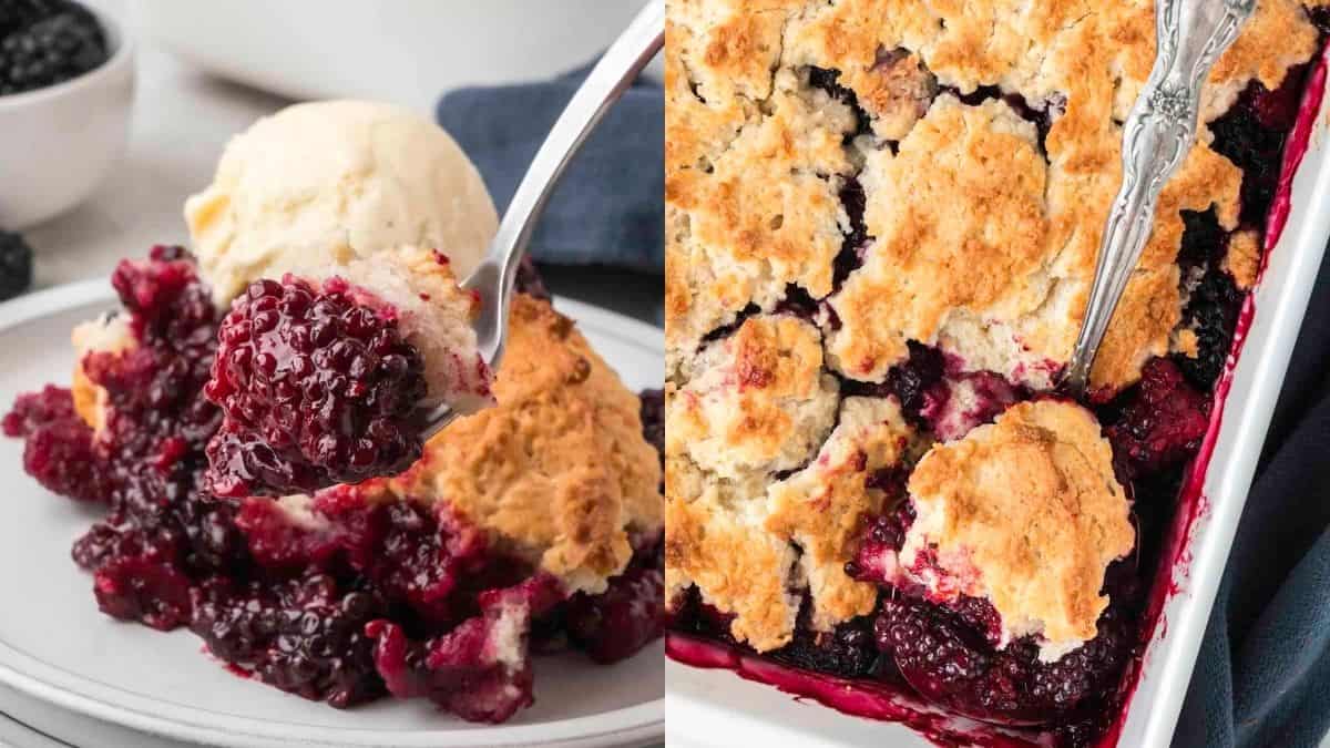 A serving of old fashioned blueberry cobbler