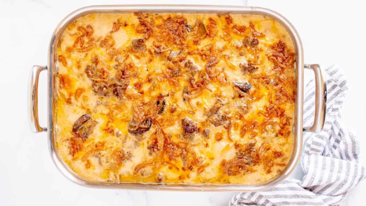 Hamburger Casserole dish in a baking dish. 