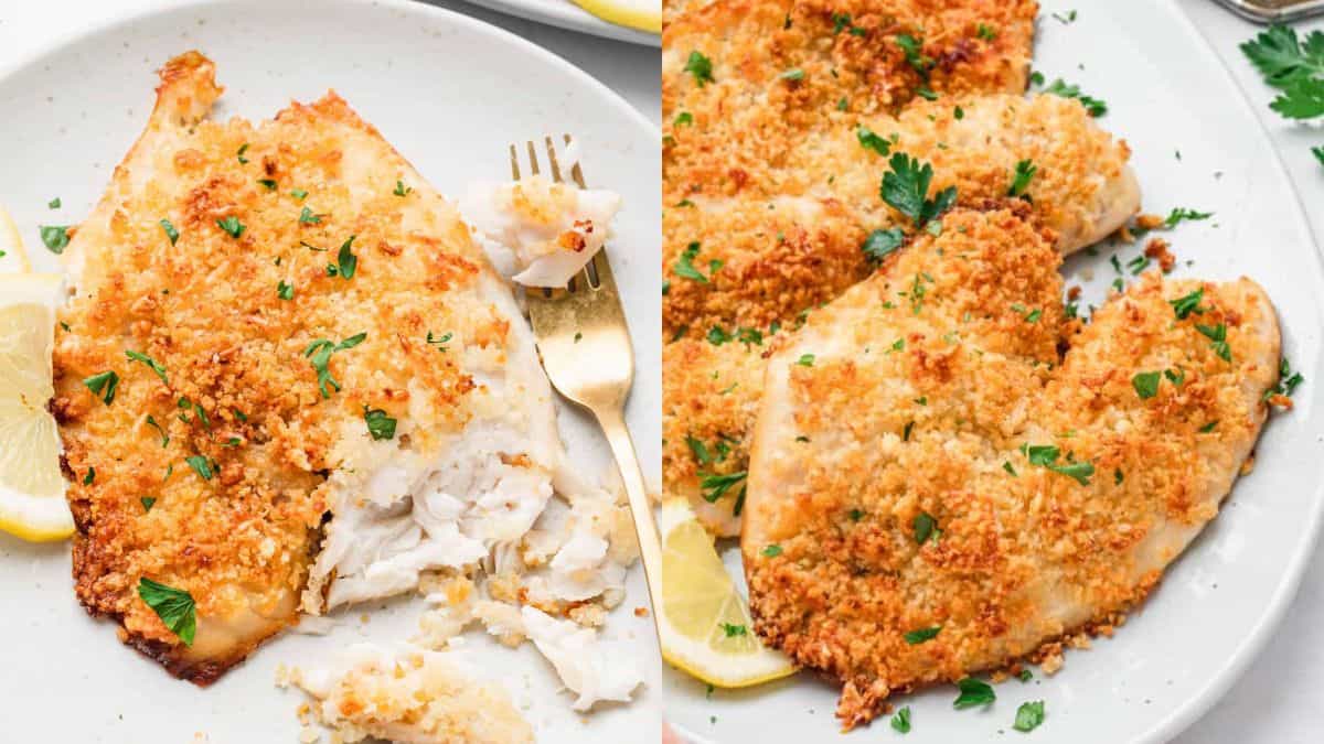 A side by side pictures of a tilapia parmesan crusted served in a plate.