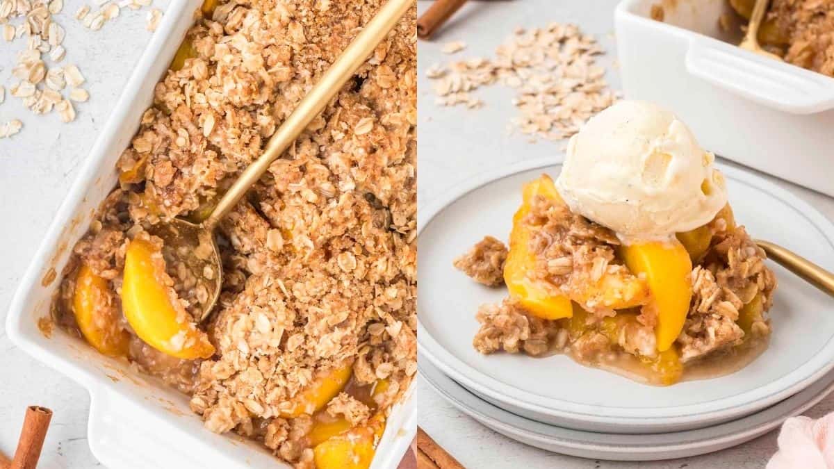 Peach Crisp with vanilla ice cream on top