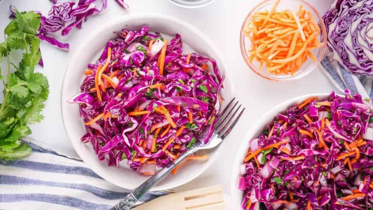 Red cabbage coleslaw in a bowl.