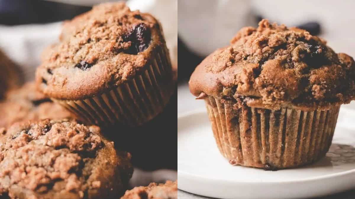 Perfectly baked blueberry buckwheat muffins.