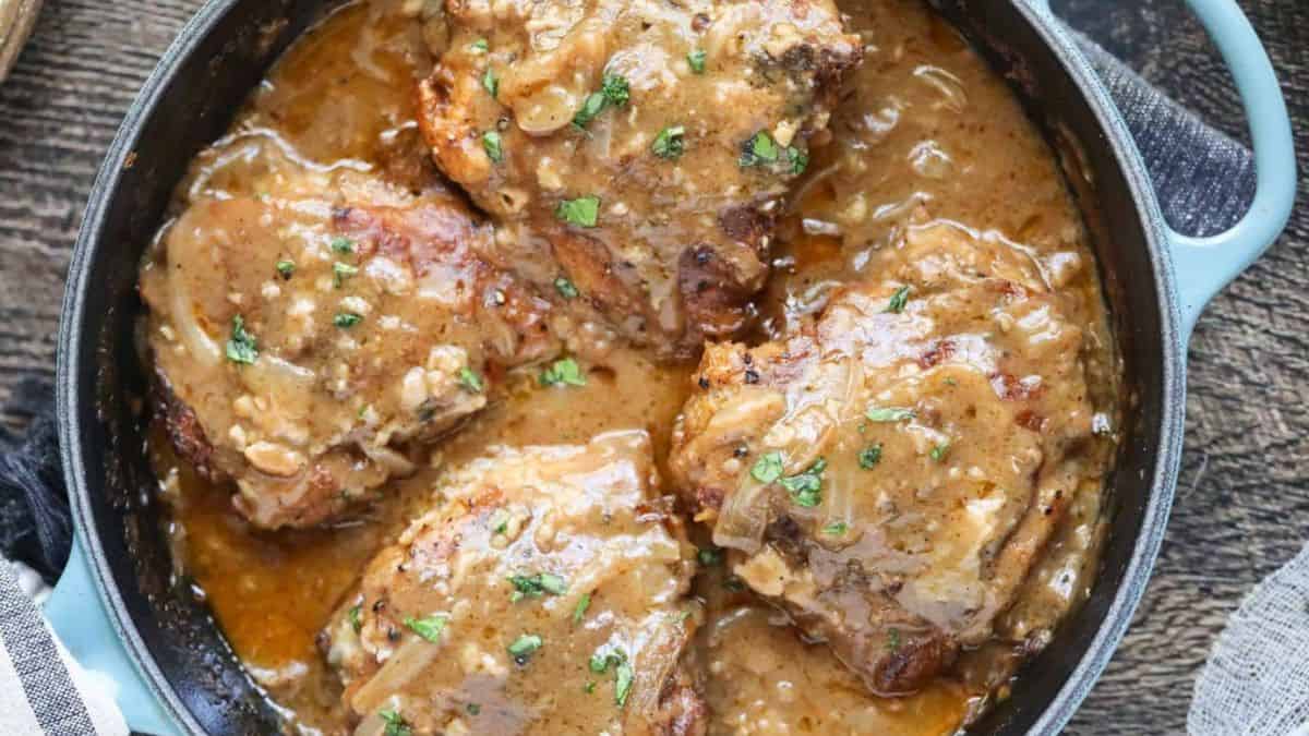 Southern Smothered Chicken in a casserole.