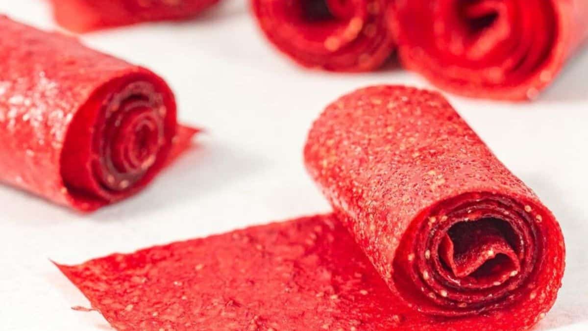 A few pieces of strawberry fruit leathers.