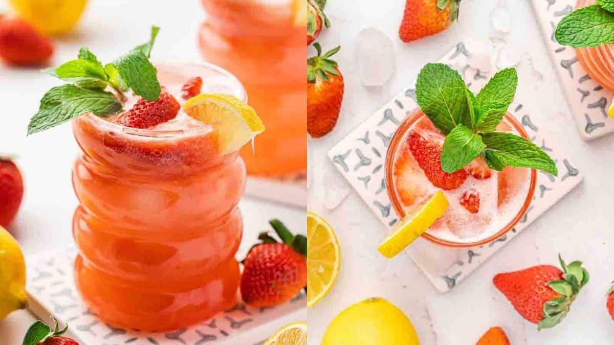 A glass of strawberry lemonade mocktail.