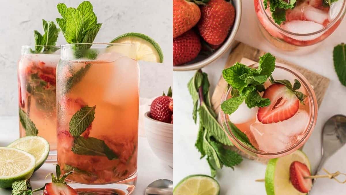 Glasses of iced cold strawberry mojito