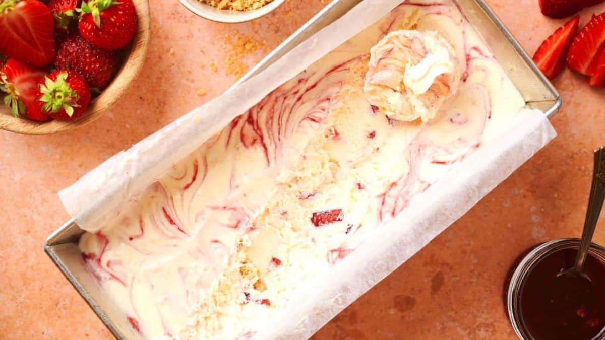 A pan-full of strawberry shortcake ice cream.