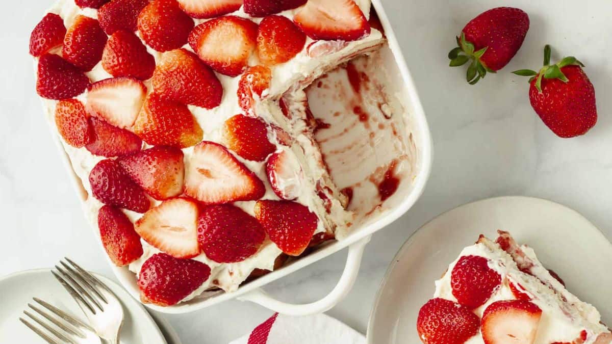 A pan-full and a slice of strawberry tiramisu.
