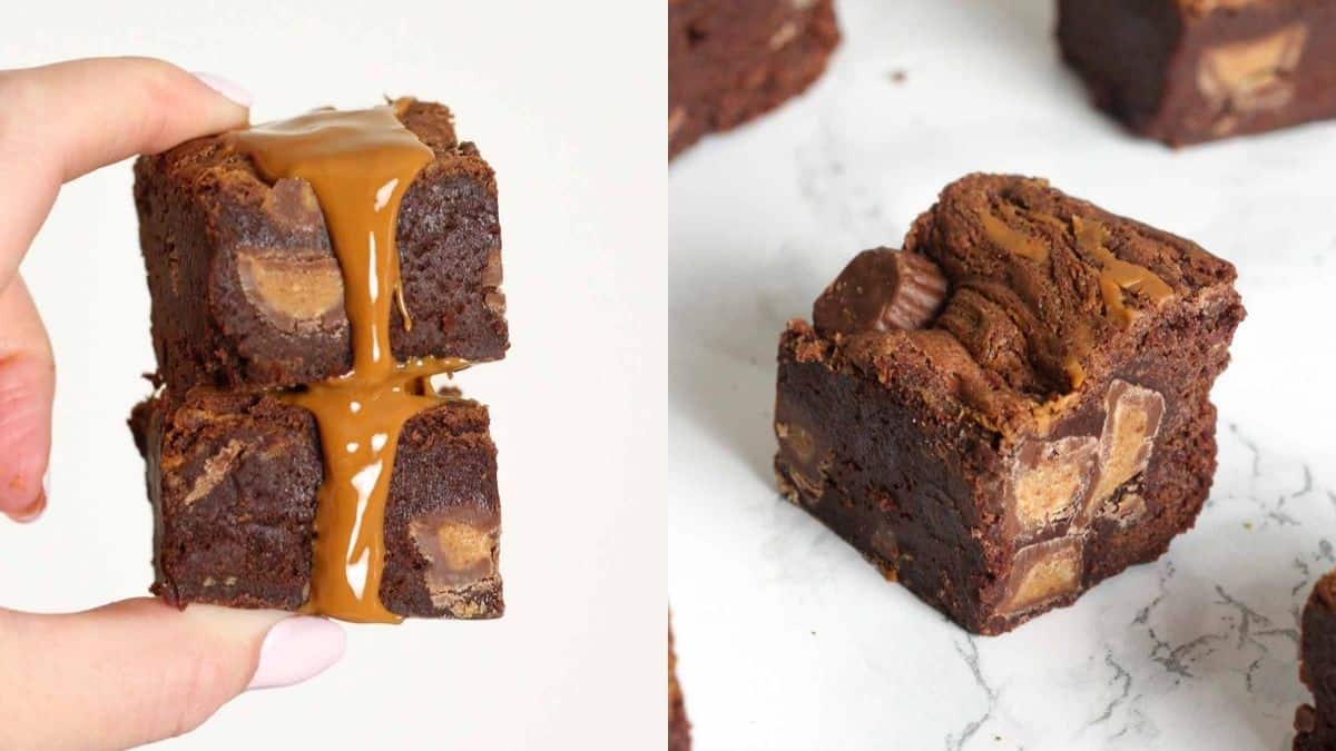 Reese's peanut butter cup brownies cut in squares.