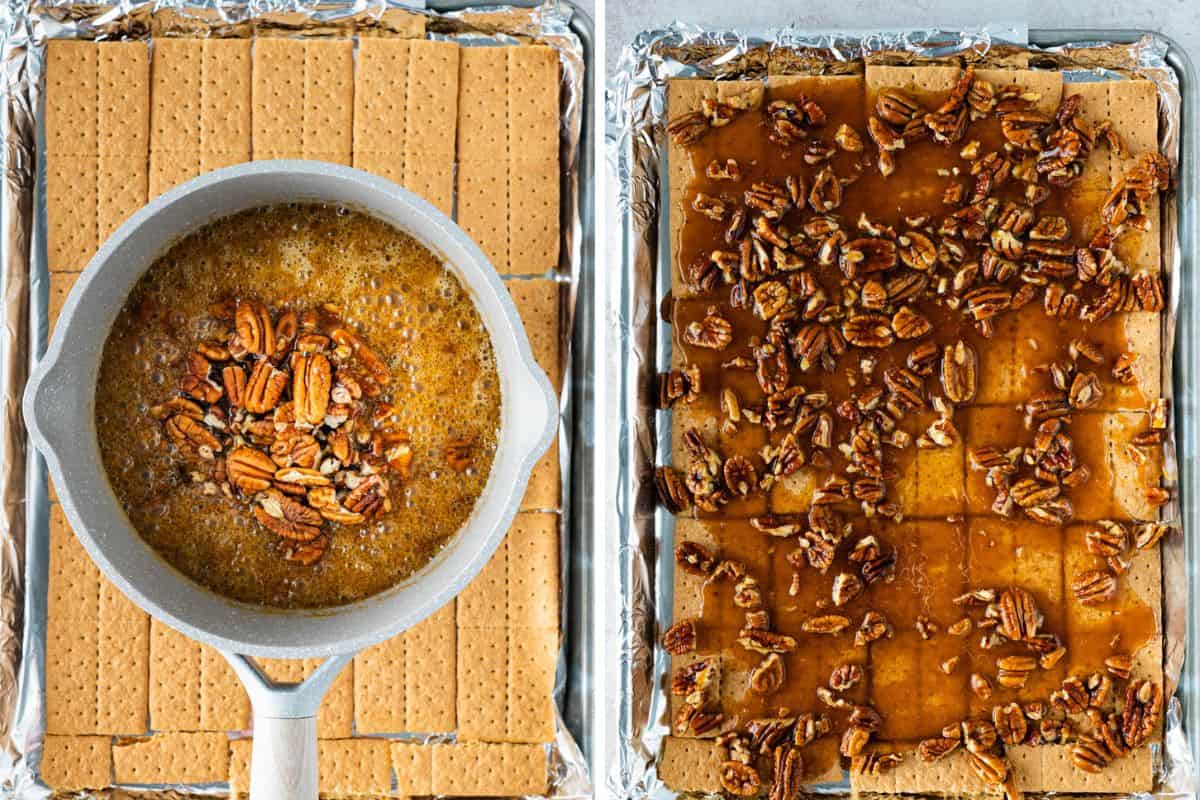 saucepan with melted butter and nuts and arranged graham crackers poured with butter and nuts mixture