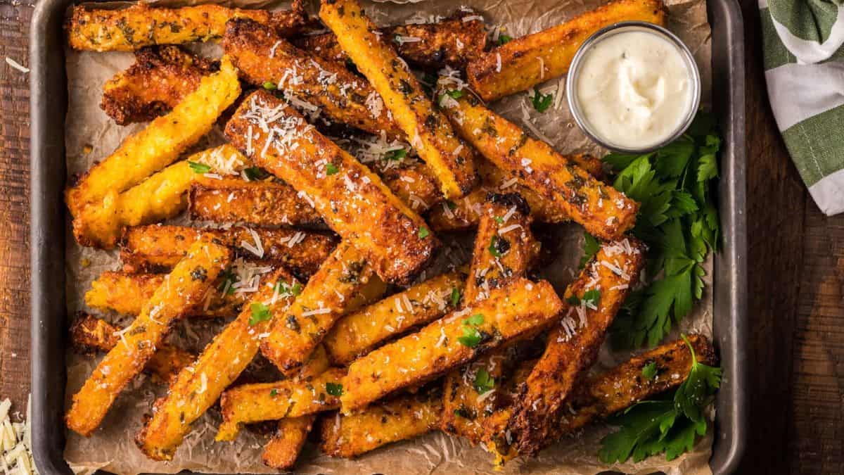 Air Fryer Parmesan Truffle Polenta Fries with truffle mayo dip