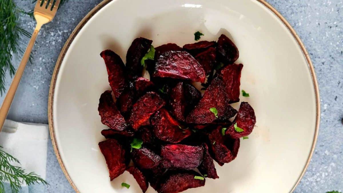 Roasted beets served on a plate.