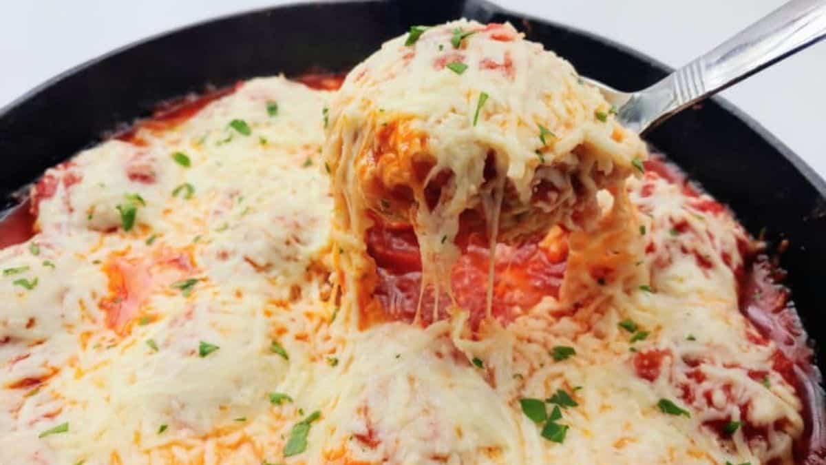 Baked Chicken Parmesan in a pan. 