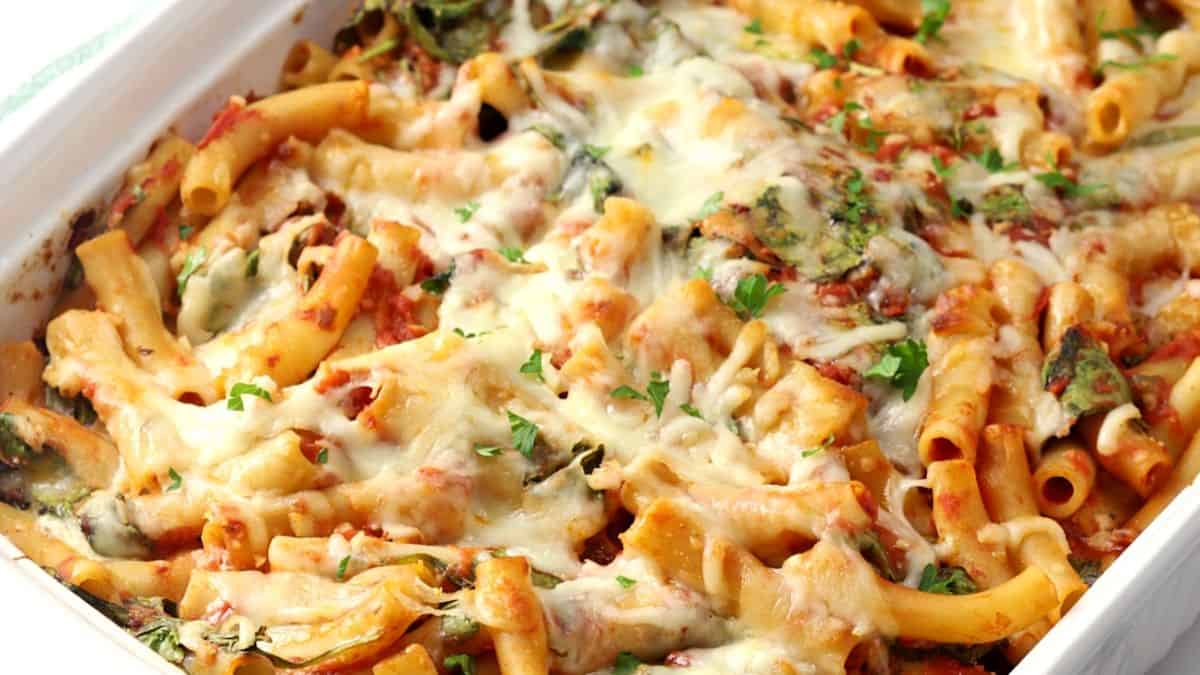Baked Ziti with Spinach in a baking dish.