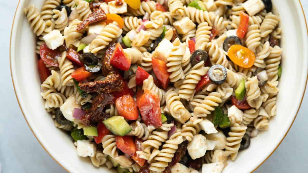 A serving of Balsamic Pasta Salad.