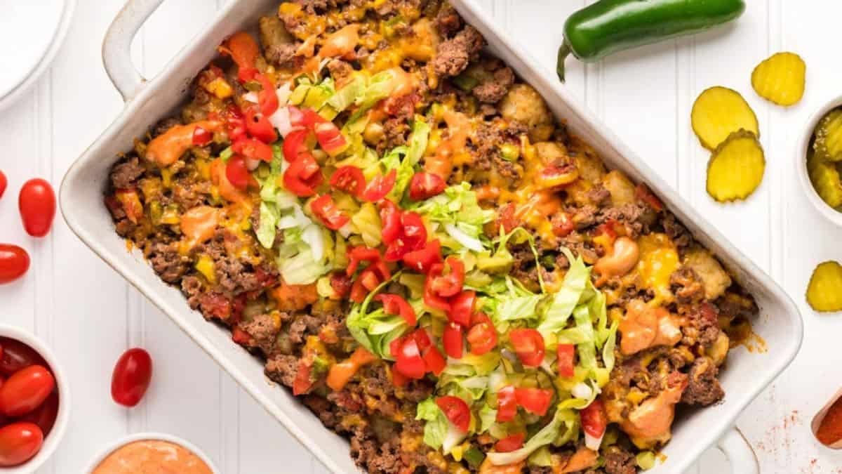 Big Mac Tater Tot Casserole in a baking dish. 