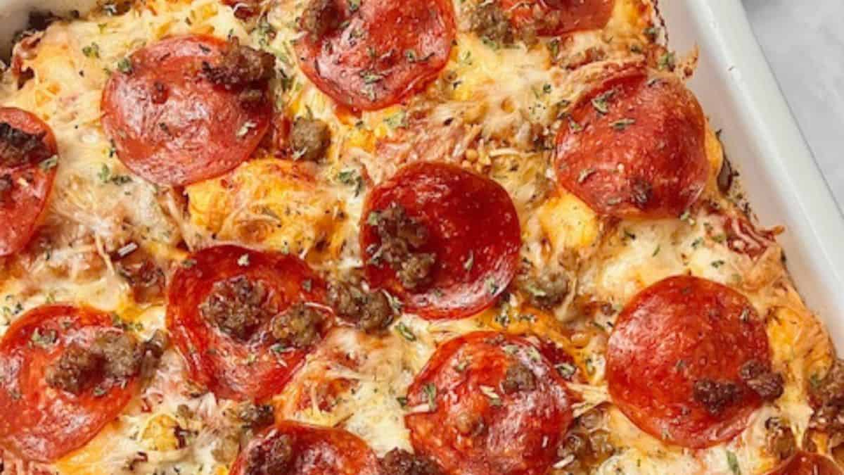 Bubble Up Pizza Casserole in a baking dish. 