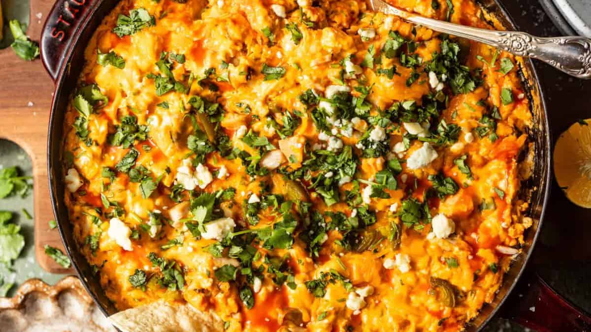 Buffalo Chicken dip with blue cheese in a pan. 
