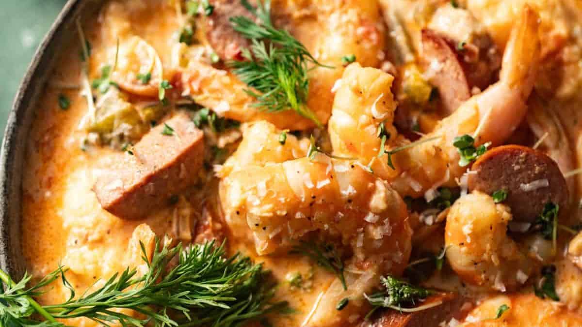 A bowl of Cajun shrimp and grits.