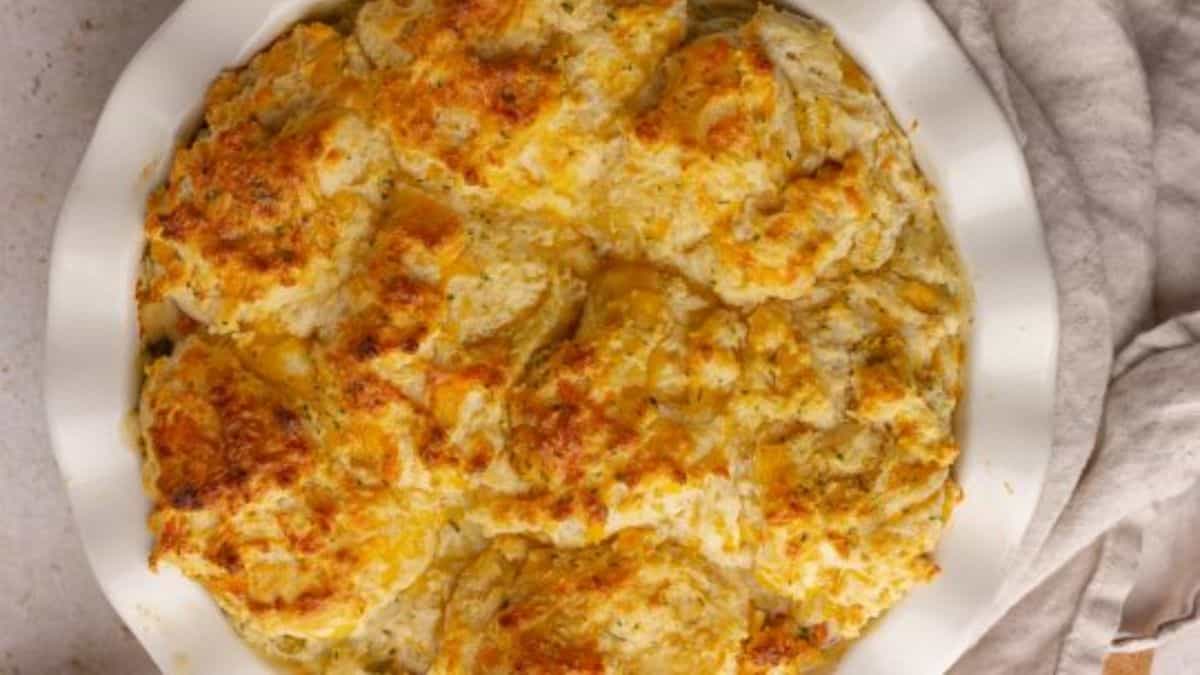 A serving of cheddar bay biscuit chicken pot pie.