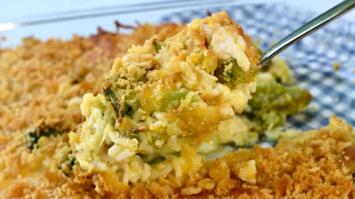 A spoonful of Cheesy Chicken Broccoli and Rice Casserole. 