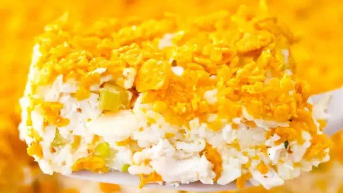 A serving of cheesy rotisserie chicken casserole. 